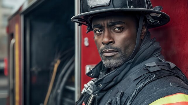 Firefighter portrait with determination and strength, close-up.