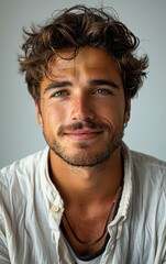 Obraz premium A man with a beard and a mustache is smiling. He is wearing a white shirt and a black necklace
