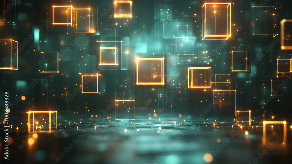 Poster enigmatic floating cubes illuminated in a futuristic digital environment at night