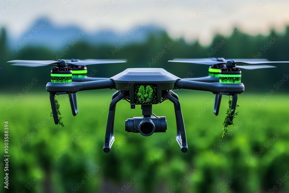 Poster futuristic nature conservation drones, flying over a forest, planting trees and monitoring wildlife 