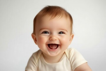 Naklejka premium Happy baby smiling on a white isolated background.