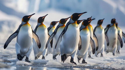 Obraz premium Adorable group of penguins waddling and sliding on icy terrain in their natural habitat.
