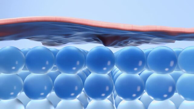 Top view showing the skin with blue collagen bubbles, then damaged and distorted collagen bubbles. 3D video template suitable for content about damaged skin.