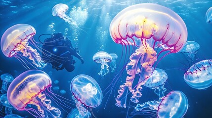 Naklejka premium Diver and Jellyfish Underwater