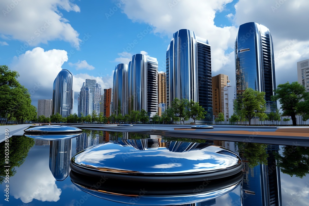 Poster futuristic urban skyline with floating buildings, where advanced technology allows for vertical citi