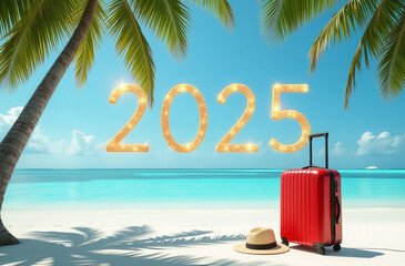 Golden glowing numbers "2025" set against a tropical beach scene with palm trees and a red suitcase. Ideal for tourism promotions, travel agency banners, and New Year holiday deals