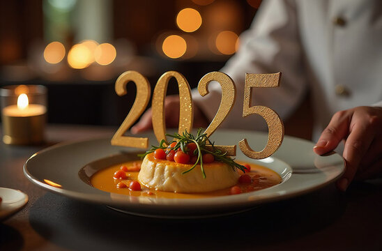Golden 2025 numbers illuminated on a gourmet dish served in a fine dining setting. The perfect image for restaurant New Year promotions, holiday dining banners, or upscale culinary events