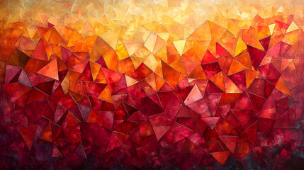 Vibrant abstract artwork featuring dynamic triangular patterns in shades of orange and red, evoking a sense of warmth and energy