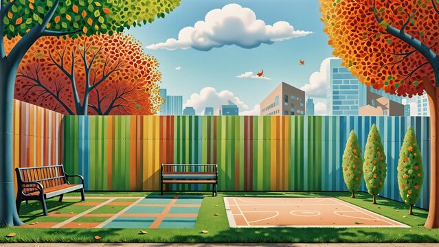 Patio de escuela con una cancha y unas bancas. La cerca es colorida. 