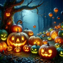 Halloween party time,  halloween background with pumpkins, enchanted forest halloween: lanterns, pumpkins, and a black cat