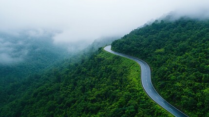 A scenic aerial view of a winding road surrounded by lush green forests and misty mountains, showcasing nature's beauty.