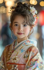 Fototapeta premium A young girl wearing a kimono with a flowery design on it. She has a pretty smile and is looking at the camera