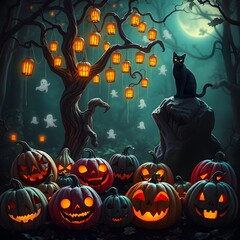 Halloween party time,  halloween background with pumpkins, magical halloween night in an enchanted forest