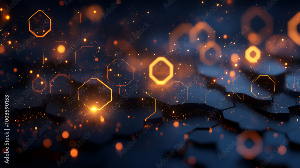 Poster abstract design featuring glowing hexagons and particles on a dark background, creating a vibrant vi