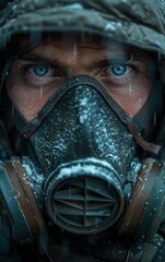 Fototapeta premium A man wearing a gas mask and a hooded jacket. The man's eyes are open and staring at the camera. Concept of danger and fear, as the man is wearing a gas mask