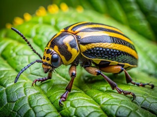 Striking Large Beetle with Yellow and Black Stripes Crawling on Green Leaves in Natural Habitat