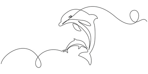 continuous one line drawing of dolphins jumping.single line 2 dolphins jumping on the water surface.one line vector illustration.isolated white background