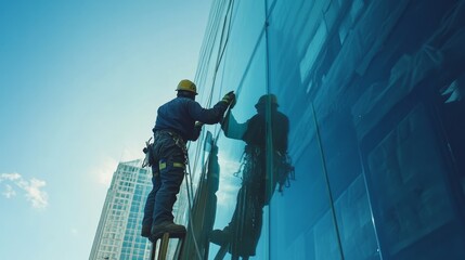 Skilled glaziers skillfully installing oversized glass panels on a modern building facade