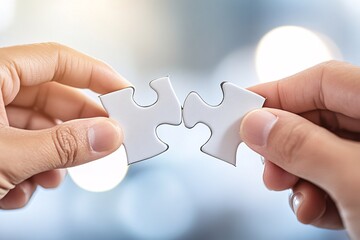 A close-up shows a teams hands holding a puzzle piece together, completing the final part and symbolizing teamwork