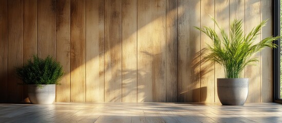Empty wooden floor space with potted plants and sunlight.