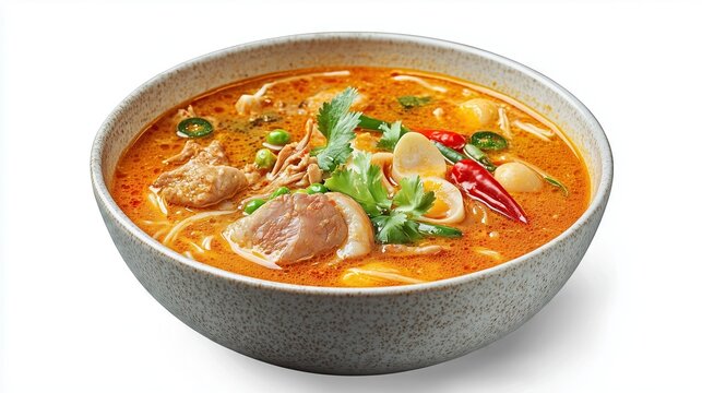 Tomyam soup with meat and various vegetables on white background