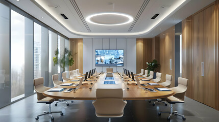 Modern Office Interior Design with Wooden Paneling and a Large Screen, 3D Illustration