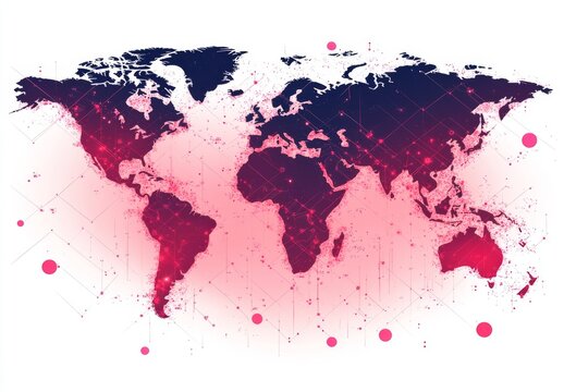 World map with red dots and lines on a pink background representing the spread of monkeypox.
