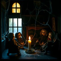 Fototapeta premium two little children in halloween costume, eerie haunted dollhouse: a halloween scene of unsettling dolls