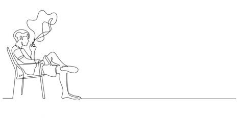 continuous line of young man sitting on chair and smoking.one line drawing of young man relaxing.free time.single line vector illustration.isolated white background