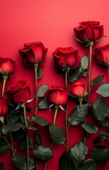 Obraz premium Arrangement of red roses on a bright red backdrop, evoking romance for Valentine's Day