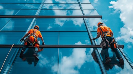 Fototapeta premium Glaziers skillfully installing expansive glass panels on a modern building structure