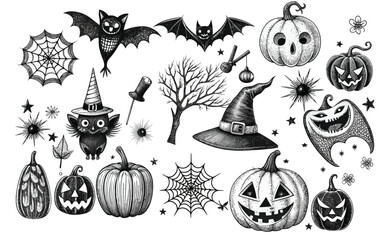 Creepy Halloween collage black white  elements Retro vector illustration on  white background