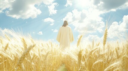 Divine Presence in the Golden Fields - Serene Artwork of Jesus in a Wheat Field with Clouds and Breeze
