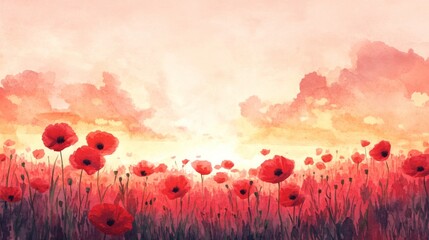 Obraz premium Beautiful Watercolor Painting of a Poppy Field at Sunset with Vibrant Red Flowers and a Warm, Glowing Sky