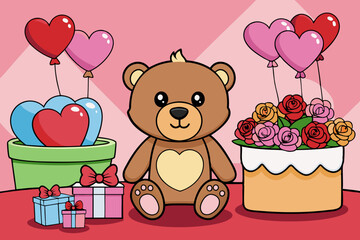 Fototapeta premium Cute Teddy Bear with a Flower Bouquet and Balloons for Valentine's Day