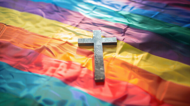 Rainbow LGBTQ gay flag as a symbol of tolerance and reformation in a church. Religion cross belief faith and LGBT flag on background, christianity and homosexuality freedom pride.