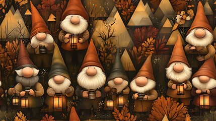 Gnomes in old-fashioned attire, holding lanterns, surrounded by geometric patterns in a retro color palette of oranges, browns, and muted greens, evoking a 70s vintage vibe, whimsical and detailed.