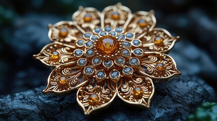 Fototapeta premium Gold jewelry brooch featuring a mandala design.