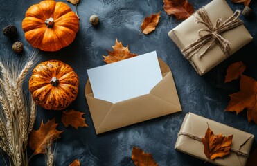 Dark gray background, flat lay of blank white paper inside envelope with pumpkins, dried leaves, wheat