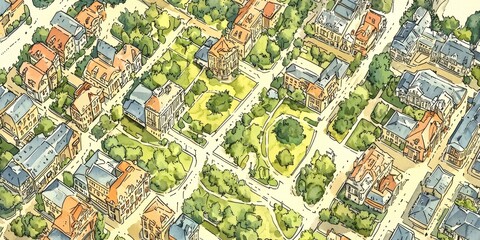 Naklejka premium Whimsical Hand Drawn Aerial Map of Vibrant Fantasy Town with Colorful Architecture and Lush Greenery