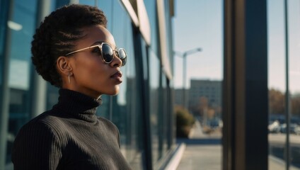 Young woman in black turtleneck and sunglasses, posing outdoors in bright light