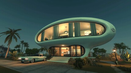 Naklejka premium Retro Futurism Dreamscape: Where Vintage Comfort Meets Futuristic Wonder