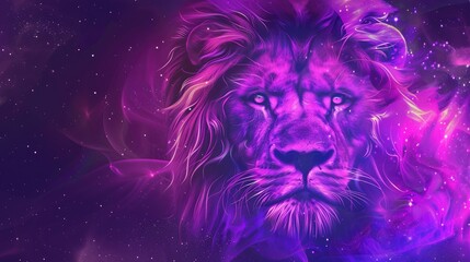 Neon illustration of a lion in glowing blue and pink tones on a dark background. A digital art style that emphasizes the ferocious gaze of a lion and a majestic mane. Zodiac sign.
