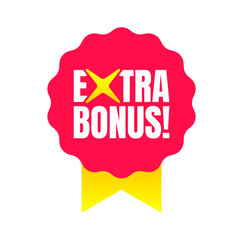 Premium extra bonus vector circle badges with ribbon. Luxury red and yellow labels. For icon, logo, sign, seal, symbol, stamp, sticker, website. Vector illustration. Isolated on White