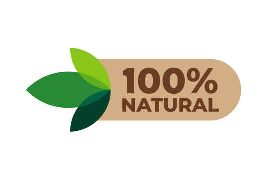 100% natural and organic product vector icon with abstract green leaf for healthy food, vegan, logo, label, seal, tag, sign, seal, symbol, badge, sticker, emblem, certified. Isolated on white