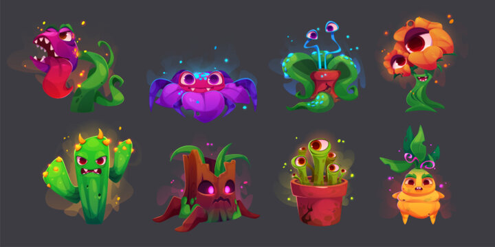 Scary monster plants. Fantasy alien flower vector. Cute and creepy carnivorous creature with mouth and teeth. Comic fantastic flytrap, predatory cactus and glowing garden mascot isolated illustration