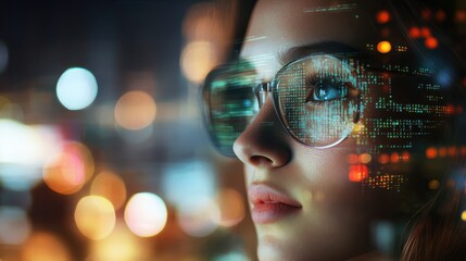 Urban bokeh background frames a woman with program code overlaid on her face as she gazes into the distance