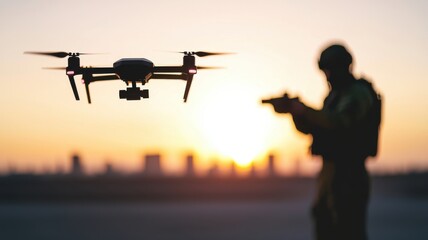 Soldier Silhouette Controlling Drone at Sunset