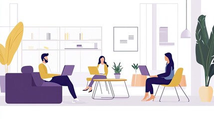 Three People Working on Laptops in a Modern Office