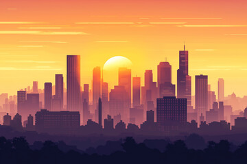 Fototapeta premium Dawn of the City: A Cityscape Sunrise with Skyscrapers Silhouetted Against the Light